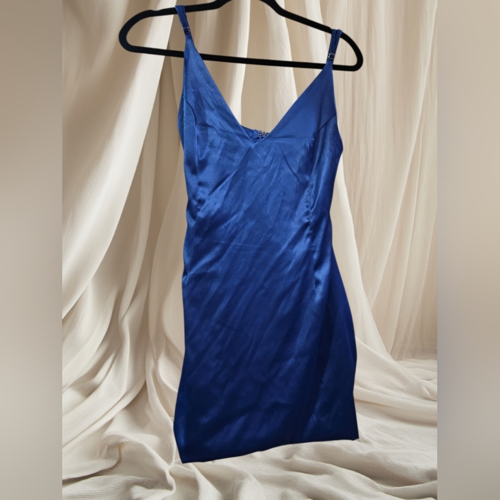 Revamped Women's Medium Satin Blue Mini Dress with Pockets
